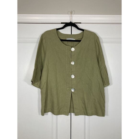 Willow Vintage Womens Large Green 100% Linen Pearlescent Button Up Shirt Blouse - Picture 1 of 9